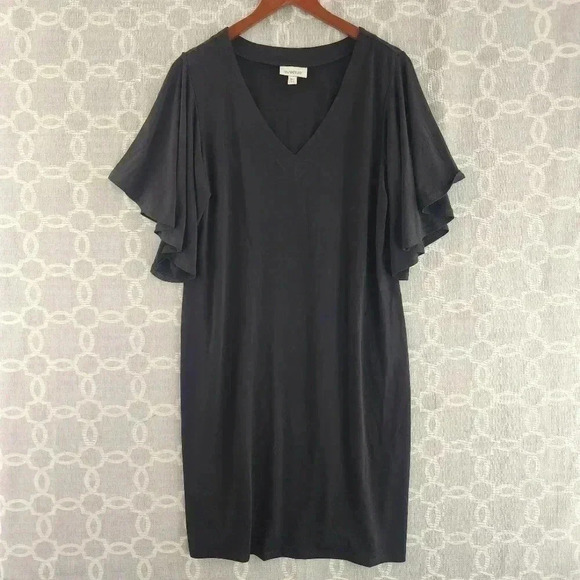 Avenue Black Stretched Ruffe Short Sleeve V neck Shift Dress 14/16 - Picture 1 of 9